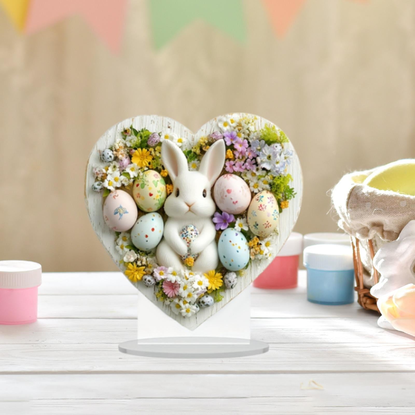 Fancyes Easter 2D Flat Acrylic Ornament Desktop Figurine Handmade Heart Shaped Sculpture for Table Centerpiece Gifts Displaying Party