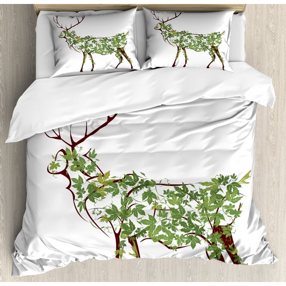 Antlers Duvet Cover Set, Designer Deer Illustration Elk Leave Greenery Garden Traditional Celebration, Decorative 3 Piece Bedding Set with 2 Pillow Shams, Calking Size, Green Brown White, by Ambesonne