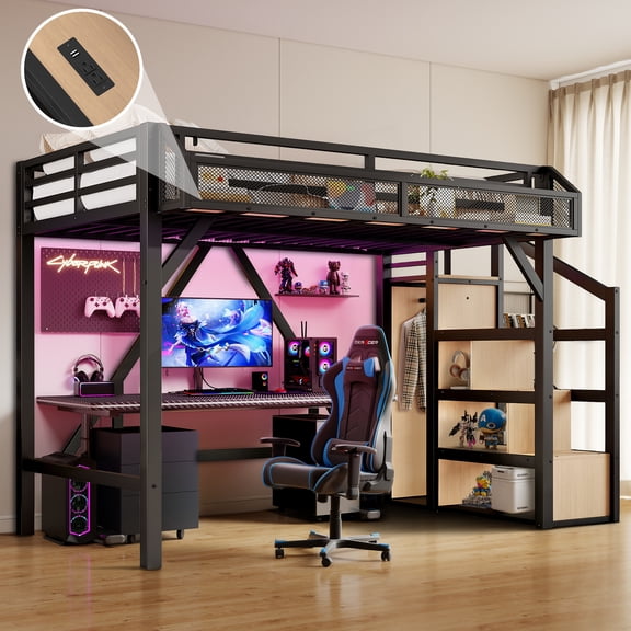 Aukfa Twin XL Metal Loft Bed with Storage Stairs, Shelves, Wardrobe, USB Ports & LED Lights, Heavy-Duty Bed Frame for Adults & Kids, Black