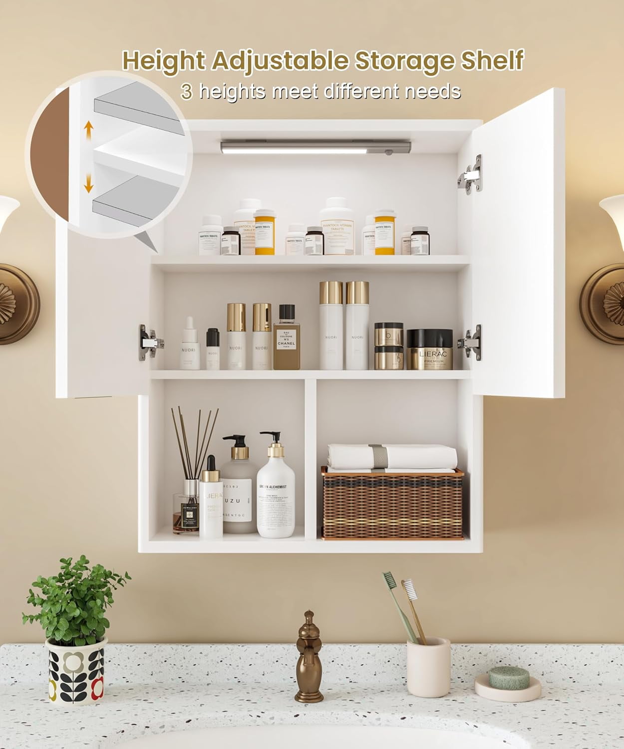 NEW Decorative Wall Cabinet with Motion Sensor LED and Adjustable Shelf for Bathroom ,Kitchen,Study (White)