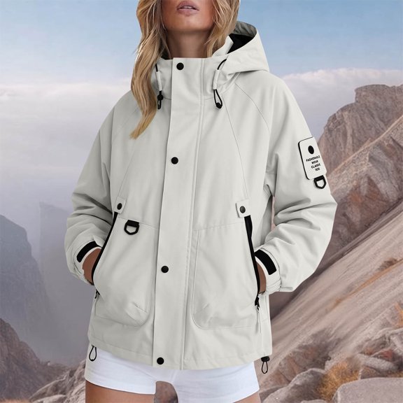 IUYRTFE Women's Hooded Windbreaker Jacket with Zipper and Snap Button Placket Lightweight Water Resistant Outdoor Coat for Hiking Travel and Daily Wear