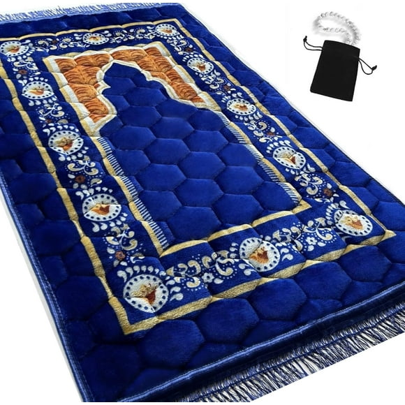 Prayer Rug Muslim Mat Islamic - Padded Very Thick Prayer Rug Sajadah for Men Women with Islam Prayer Beads for Eid Travel Ramadan Soft and Luxury (Grey)