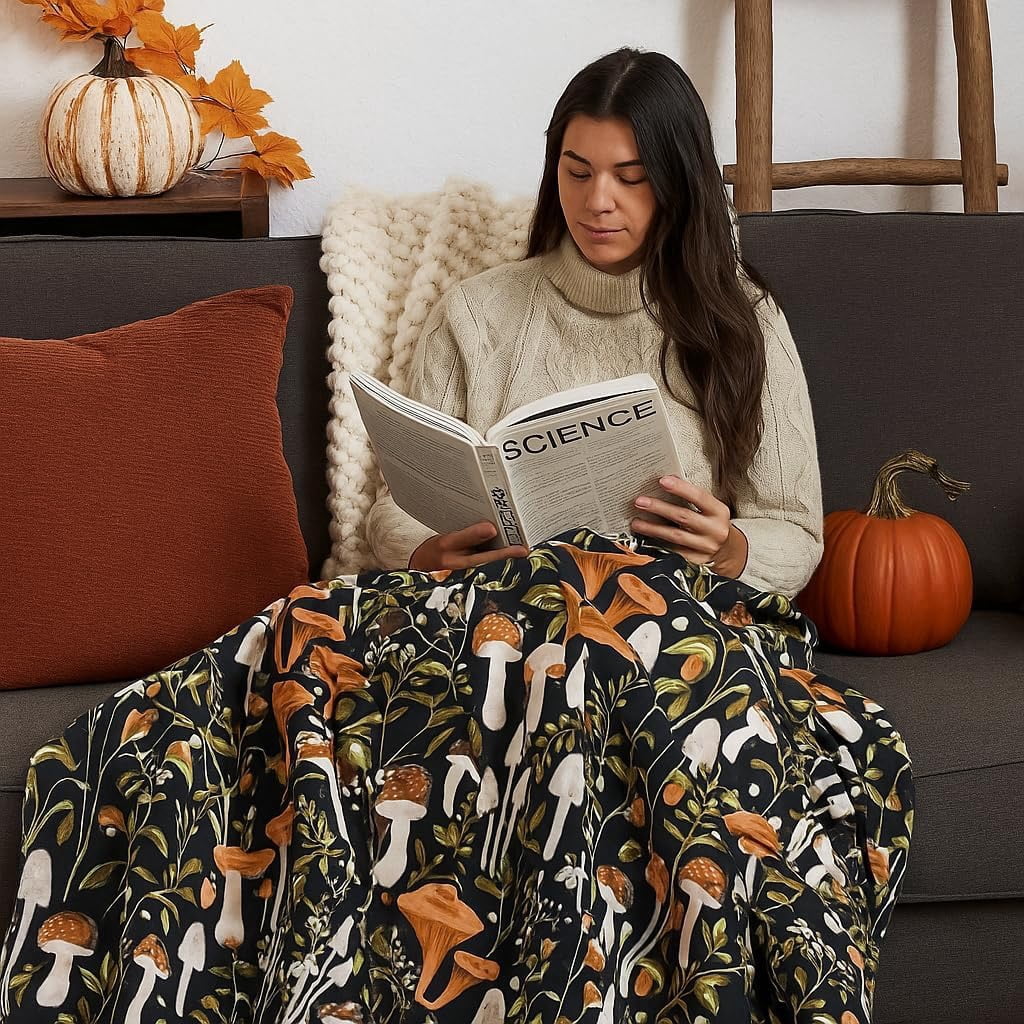 Serafina Home Decor Fleece Fall Throw Blanket: Floral Mushroom Forest Black Brown Beige And White Oversized Blanket 50" x 70"