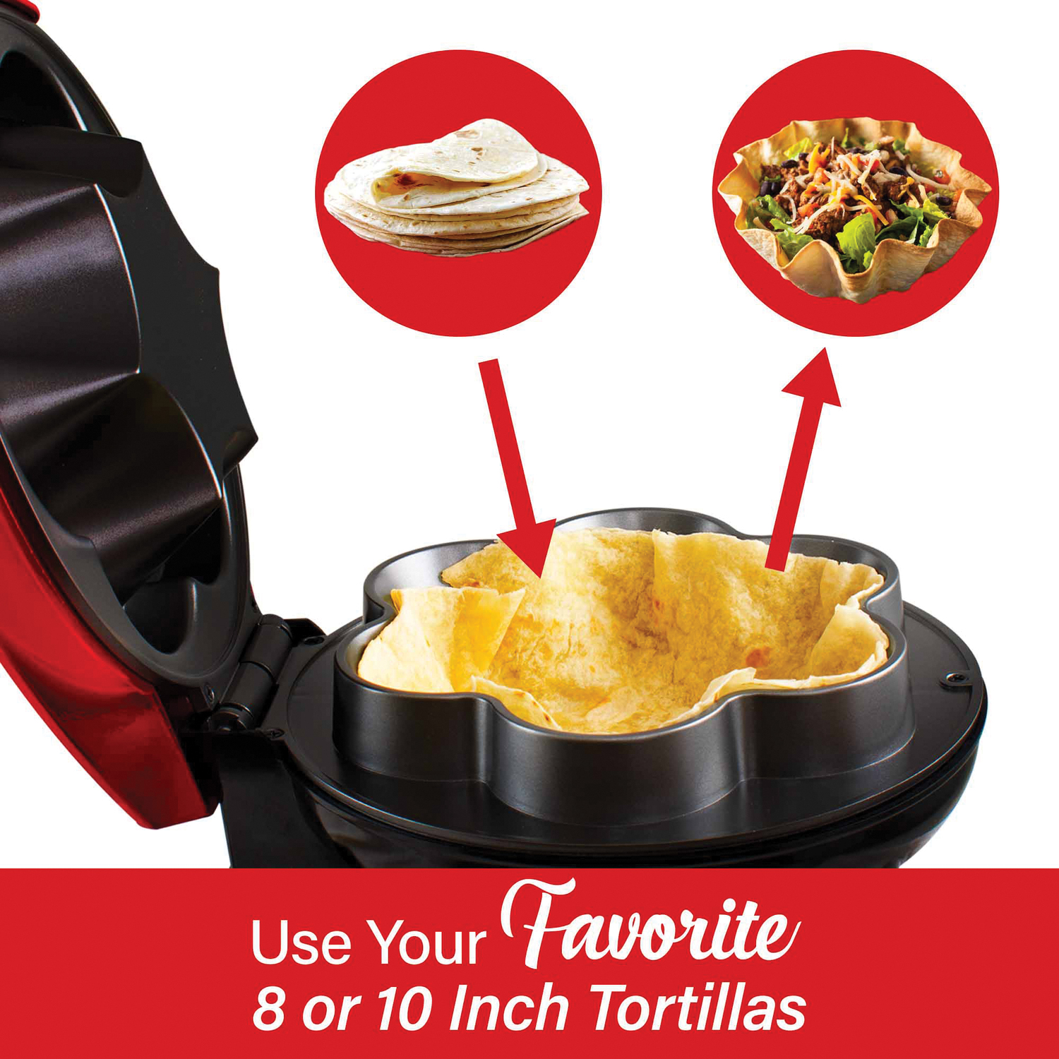 Brentwood TS-257R 10-In. Electric Tortilla Taco Bowl Maker, Red
