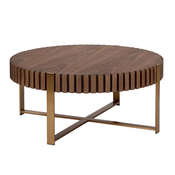 31.5" Round Handcrafted Drum Coffee Table with Sturdy Stainless Steel Pedestal Base, Walnut Ash Grain Modern Small Table for Living Room Bedroom