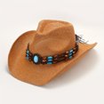 thumbnail image 1 of Boho Western Cowboy Straw Hat - Hand Woven Faux Jade Chain Decor Hat for Women, Men, and Unisex - Perfect for Summer Beach and Casual Wear, 1 of 5