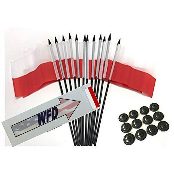 Box of 12 Poland 4"x6" Polyester Miniature Desk & Little Table Flags, 4x6 Polish Small Mini Hand Waving Stick Flags with 12 Flag Bases (Stands)