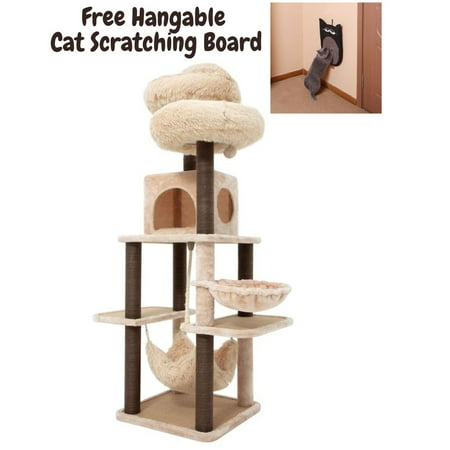 UPC: 0819776024055 | Catry 63  7-Level Caramel Large Cat Tree Tower for Large Adult Cats w/ Hammock Scratching Post Tower Shag Fur Condo w/ Plush Perches pom-poms Climbing Cat Furniture with Free Cat Scratching Post