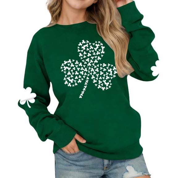 WOYY Girls' St. Patrick's Day Sweatshirts Clover Print Crew Neck Pullover Top, Sizes 3-14