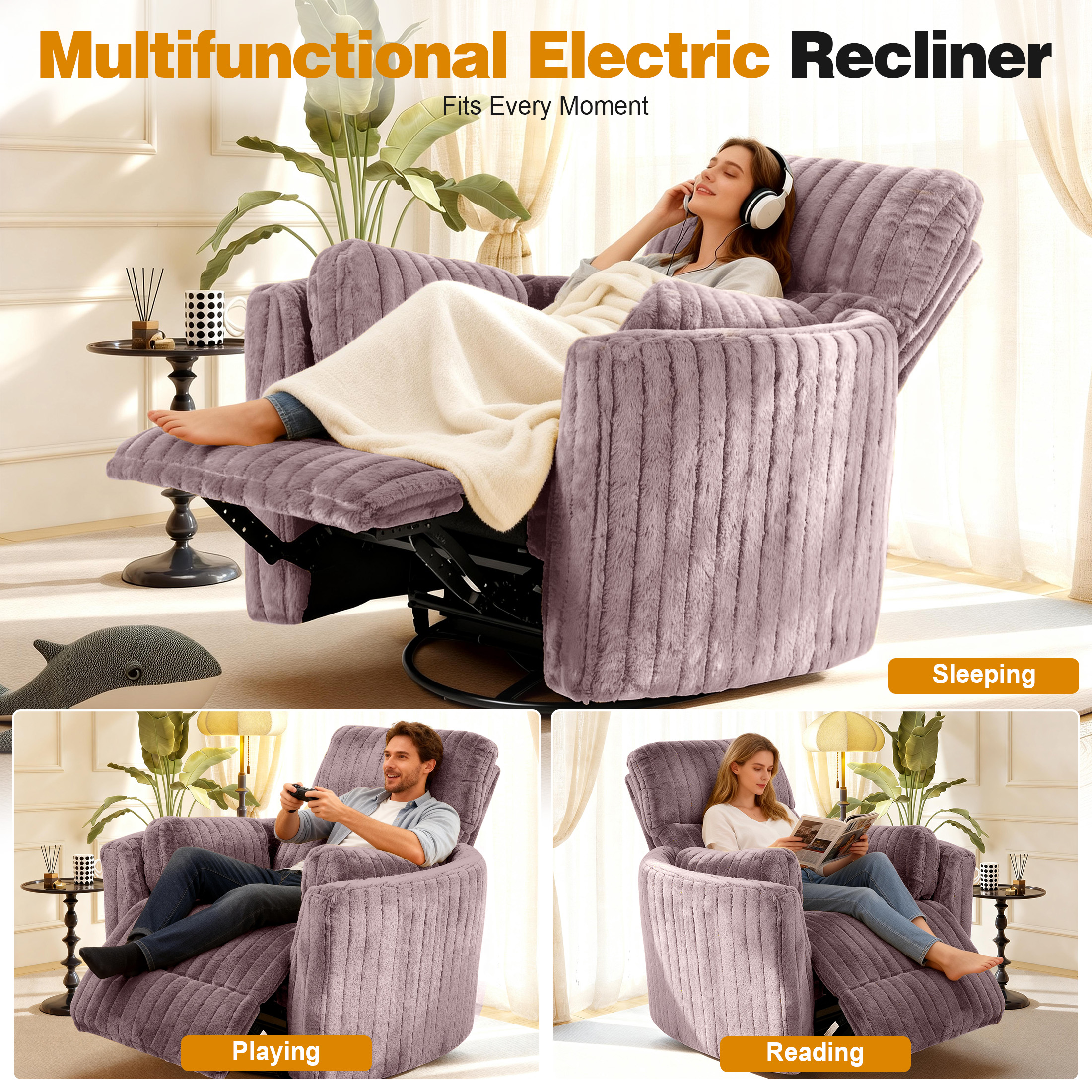 Aukfa Swivel Rocking Glider Power Recliner Chair with 24" Wide Seat & Type-C & USB Ports, Taupe