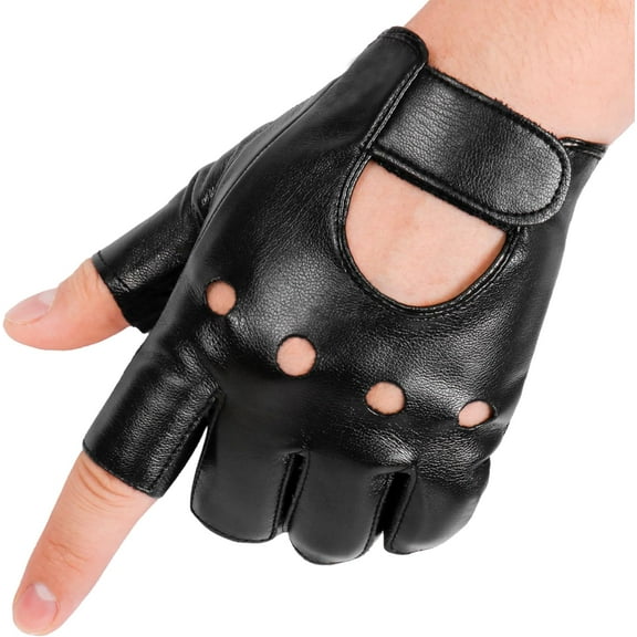 Jtbuh XLY Black Fingerless Gloves for Men Women, Halloween PU Leather Half Finger Glove Driving Performance Costume Sport