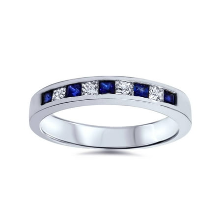 - 1/2 ct Princess Cut Blue Sapphire & Diamond Wedding Ring 14k White Gold
