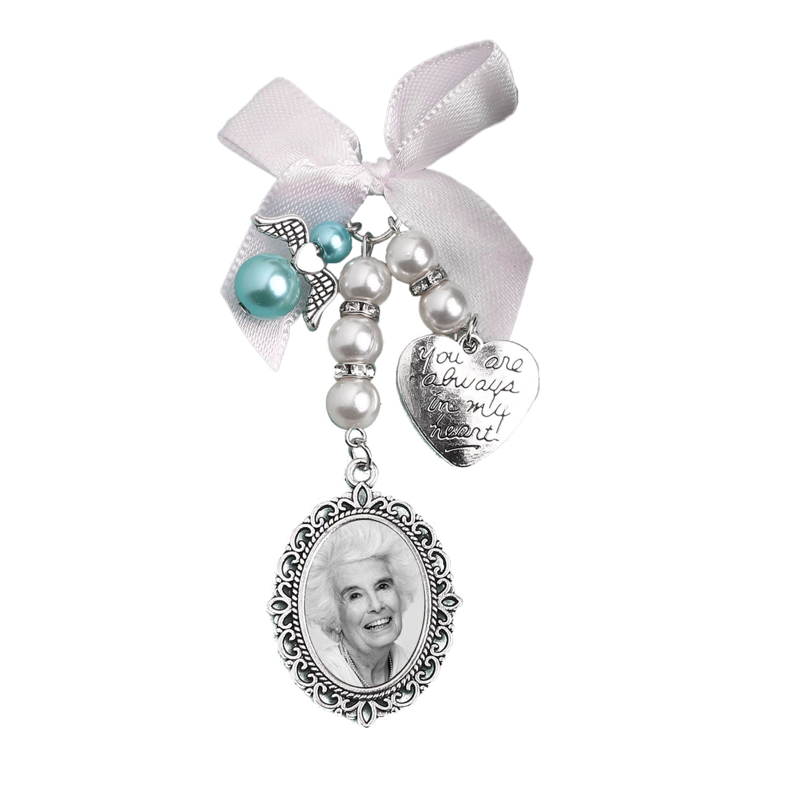 Wedding Bouquet Charm Lacy Oval Bridal Charm Bridal Bouquet Charm Bride  Angel Charm Memorial Photo Charm You are Always in My Heart Charm Something  Blue for Bridal Party (Double Pendant Style) 
