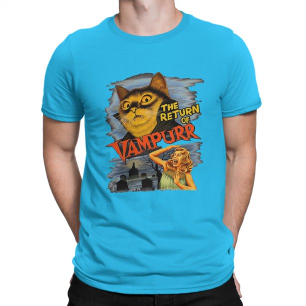 Camisetas de gato vampiro para hombre, camisetas divertidas de gato el retorno de Vampurr, camiseta de manga corta con cuello redondo, Tops de algodón 4XL 5XLlake blue