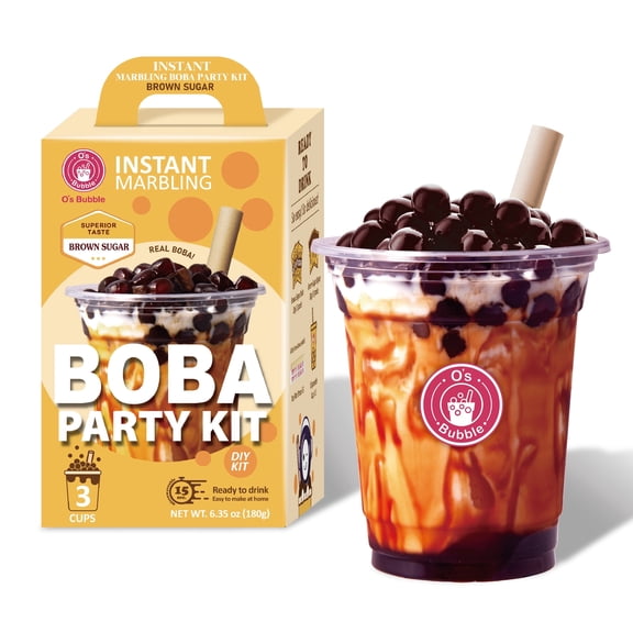 O’s Bubble Instant Brown Sugar Marbling Boba Party Kit – 3 Servings – Syrup with Chewy Tapioca Pearls, Includes Cups & Tea Fiber Straws