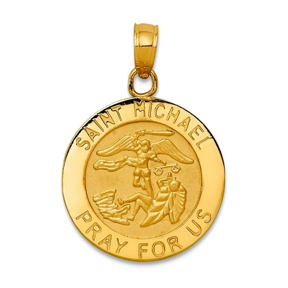 14k Yellow Gold Polished back Polished and satin Saint Micheal Medal Pendant Necklace 21mm long Pendant for Women