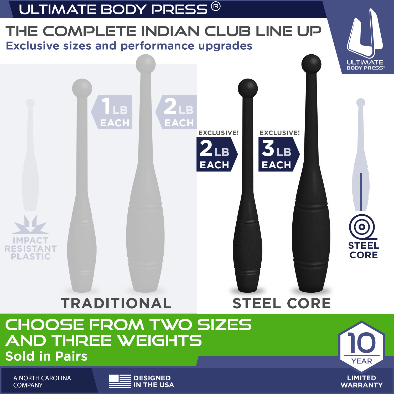 Indian Clubs - Steel Core 2lb Pairs