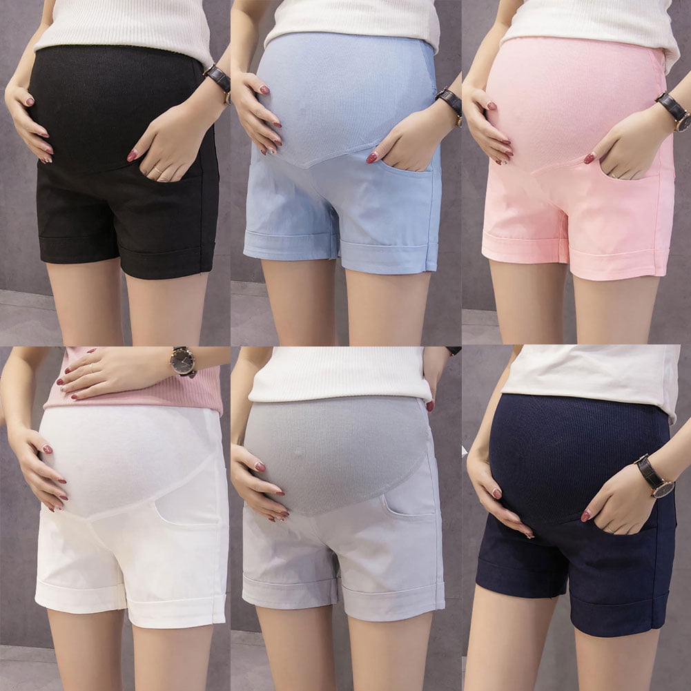 Happyyip Womens Summer Casual Blue Secret Fit Belly Roll Hem Maternity Shorts