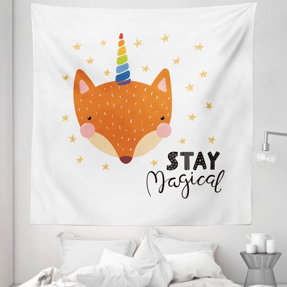Saying Tapestry, Hand Drawn Lettering Funny Woodland Fox with Rainbow Unicorn Horn Stars, Fabric Wall Hanging Decor for Bedroom Living Room Dorm, 5 Sizes, Orange and Multicolor, by Ambesonne