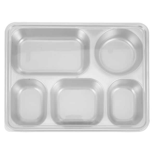 Stainless Steel Rectangular Divided Plates Tray with Lid 5 Sections Dinner Plates for Adults Unbreakable Metal Plate for Camping Portion Control Reusable Plate
