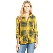 kensie Ruffle Hem Plaid Shirt (Harvest Gold Combo, L)