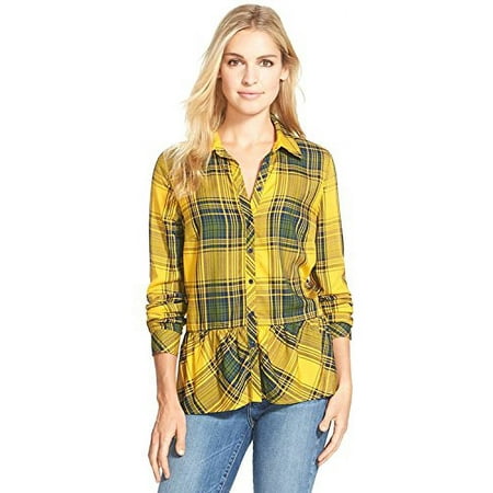 kensie Ruffle Hem Plaid Shirt (Harvest Gold Combo, L)
