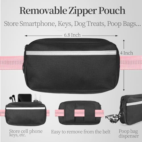 Hands Free Dog Leash with Zipper Pouch, Dual Padded Handles and Durable Bungee for Walking, Jogging and Running Your Dog (Baby Pink, 8-25 lbs, Medium)