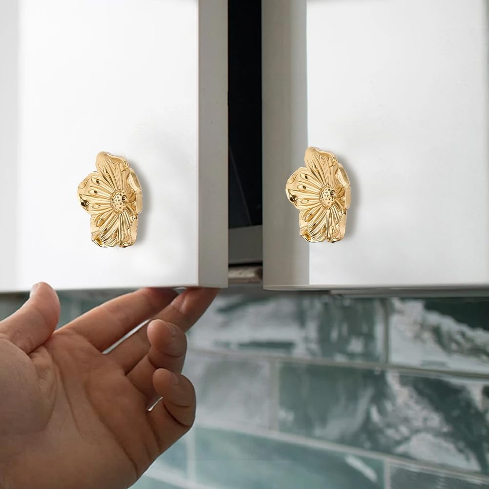 4pcs Flower Shape Brass Cabinet Knobs Gold Brushed Drawer Knobs Dressers Pulls Cabinet Hardware Handles Creative Petal Kitchen Knobs for Drawer Bathroom Closet Wardrobe Dresser Cabinet Brown
