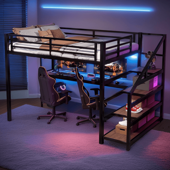 Full Loft Bed with Desk & Storage Stairs, Metal Loft Beds with Built-in LED Lights, USB Charging Ports, No Box Spring Needed, Space Saving Loft Bed, Black