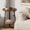 thumbnail image 2 of YKITRD Round End Table with Charging Station, Wood Tabletop & Black Metal Frame, 2 Tier Farmhouse Side Table Nightstand for Living Room, Bedroom, Brown 15.7 * 15.7 * 23.0inches, 2 of 9