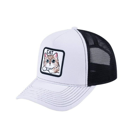 Unisex V2 Embroidered The Cat, 5-Panel Trucker Hat, White/Black, Adjustable Fit