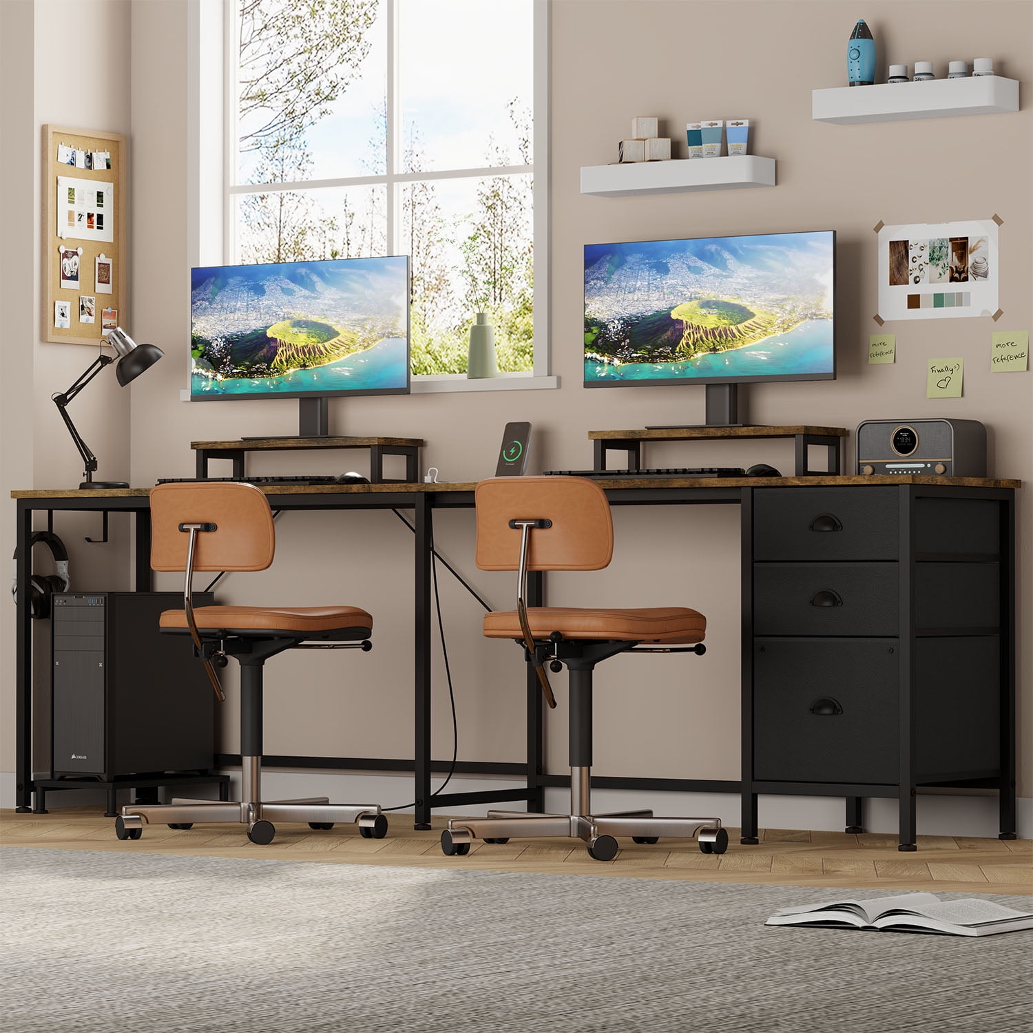 GIKPAL L Shaped Computer Desk  with Drawer, Reversible Gaming Desks Corner Desk with Storage Shelves & Monitor Stand, Home Office Desk Workstation, Brown