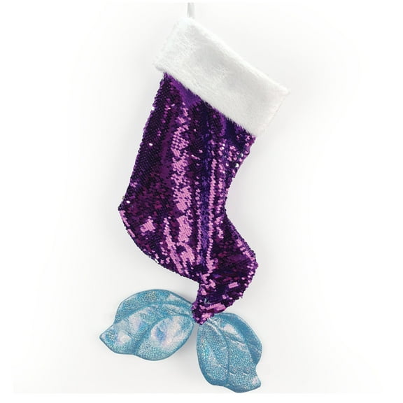 GiftsForYouNow Purple Mermaid Tail Christmas Stocking – Sparkly Sequin Holiday Mantel Decoration with White Fur Cuff