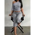 thumbnail image 3 of Women's Two Piece Set, Asymmetrical Shoulder Cropped Top and Wide Leg Capris Pants, Fitted Slim Fit Outfit for Commute and Daily Wear, 3 of 5