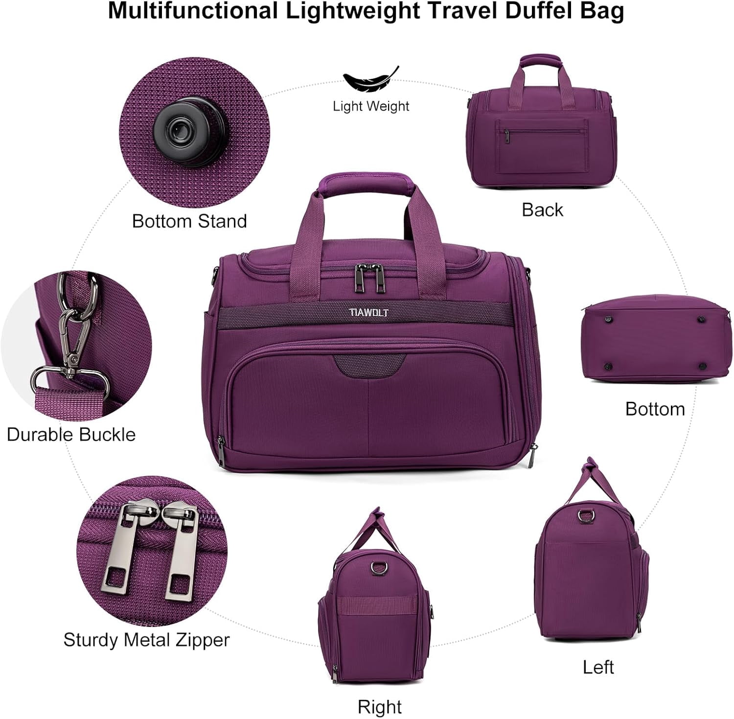 TIAWOLT Underseat Carry On luggage Bags for Travel Foldable Duffle Bag for Travel, Softside Lightweight Travel Bag Carry On Bags for Airplanes Women, Travel Tote Bags for Women Men,Purple