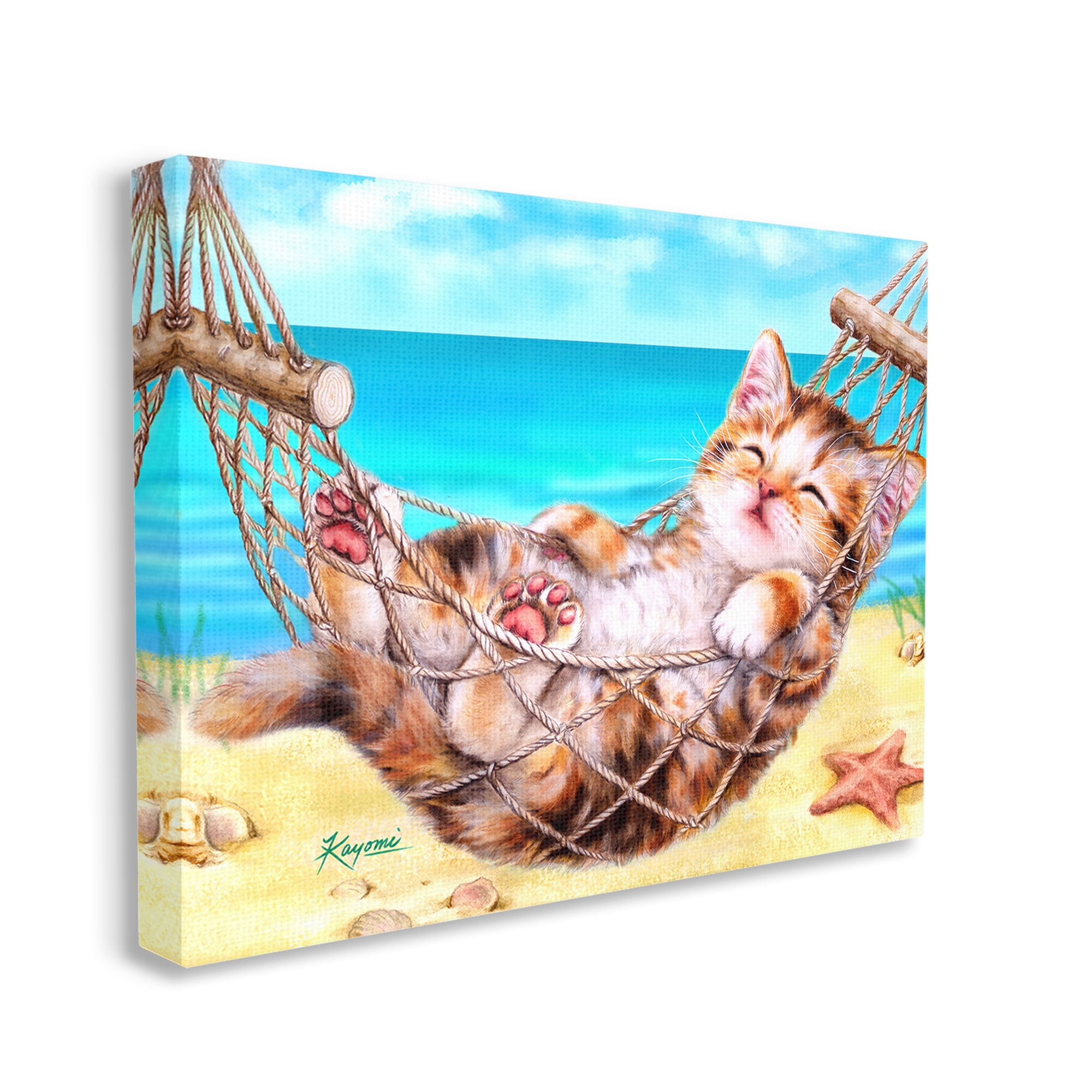 Stupell Industries Kitten in Beach Hammock Animals & Insects Painting Gallery Wrapped Canvas Art Print Wall Art, 20 x 16