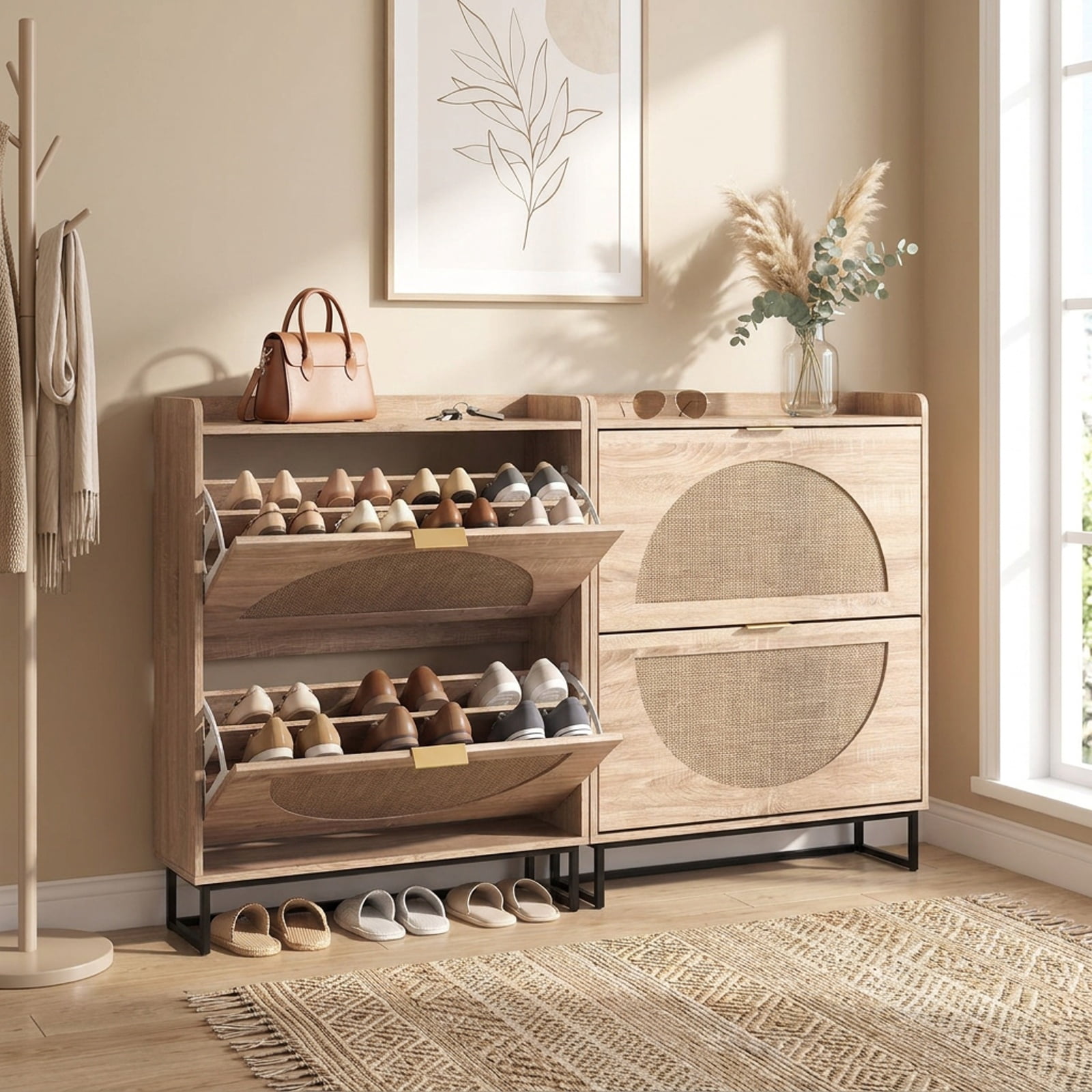Furnibear Tall Narrow Shoe Storage Cabinet with 2 Flip Drawers Adjustable Removable Shelves and Faux Rattan Doors for Entryway and Hallway, Natural