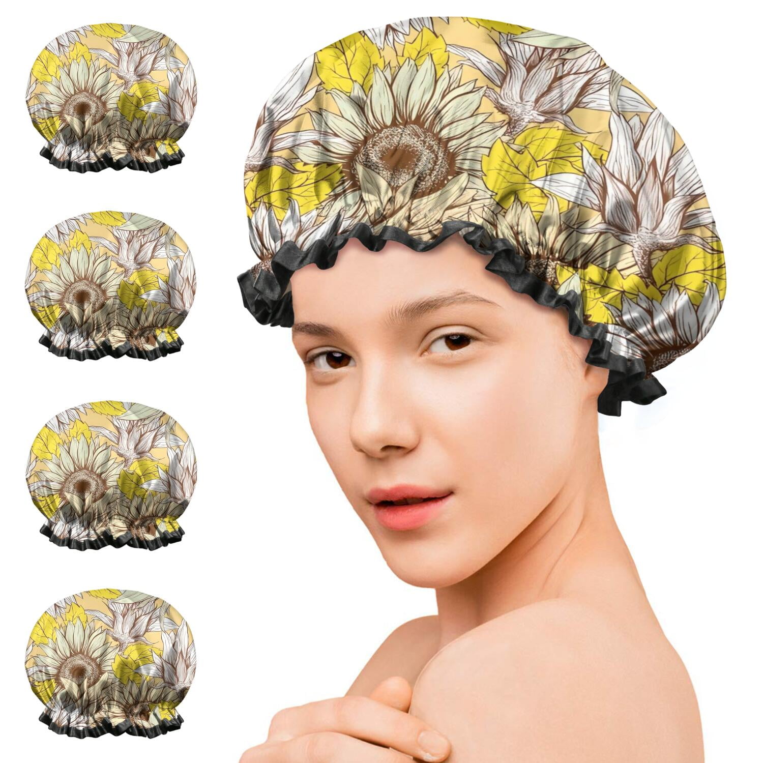 Shower Caps,Yellow Sunflower Bud Leaf Pattern Waterproof Shower Cap for Women 4 Pieces,Double Reusable Hair Cover for Shower PEVA Elastic Stretch Hem