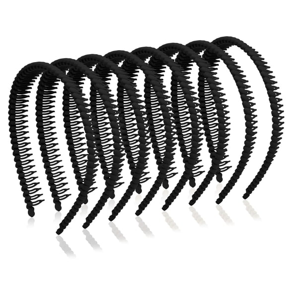 Wavy Black Hairbands with Teeth for Men and Women Non Slip Plastic Comb Headbands for Sports and Daily Wear 8 Pack