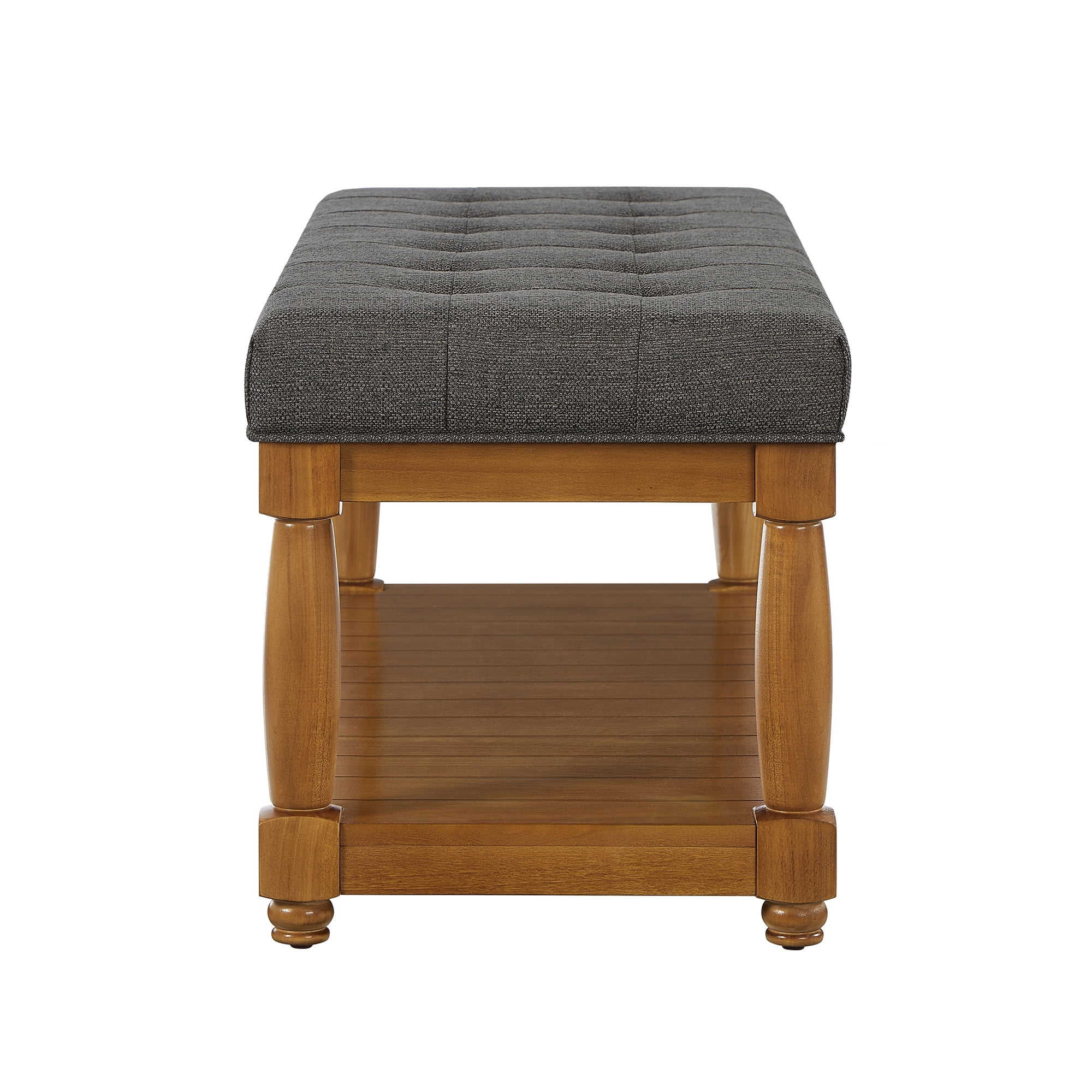 Leumius Upholstered Linen Bench with Storage Shelf, Solid Wood Spindle Legs Accent Furniture Tufted Ottoman Bench for Bedroom Entryway Living Room Granite
