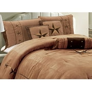 Grand Linen 7 Piece Western Decor Lodge Oversize Full (90"X96") Comforter Set Taupe/Brown - Embroidered Lone Star Barbed Wire Micro Suede Bedding