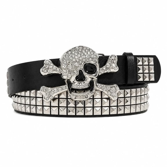 TRISJEM Gothic Skull Belt for Women Men, Y2K Punk Studded Belt with Rhinestone Skull Buckle, Unisex Black Statement Belt for Jeans, Skirts and Streetwear