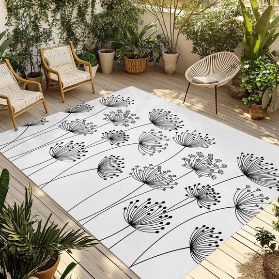 Black Dandelion Outdoor Rug for Patio/Deck/Porch, Non-Slip Large Area Rug 6 x 9 Ft, Country Modern Minimalist Flower Indoor Outdoor Rugs Washable Area Rugs, Reversible Camping Rug Carpet Runner