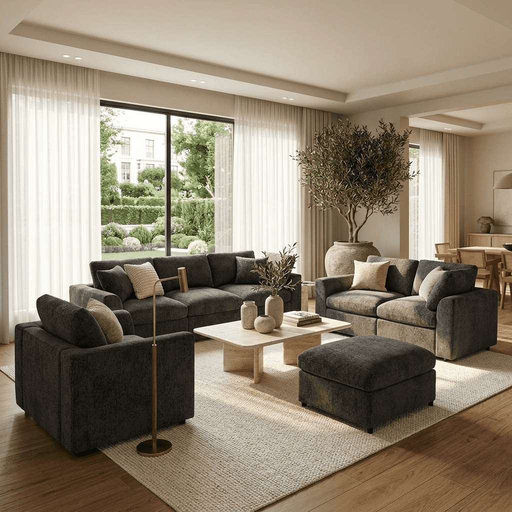 Howcool 4-Piece Modular Sectional Sofa Set,3-Seater Sofa + Loveseat + Accent Chair + Movable Ottoman,Soft Chenille Deep Seat Sofa Couch with Solid Wood Frame for Living Room,Gray