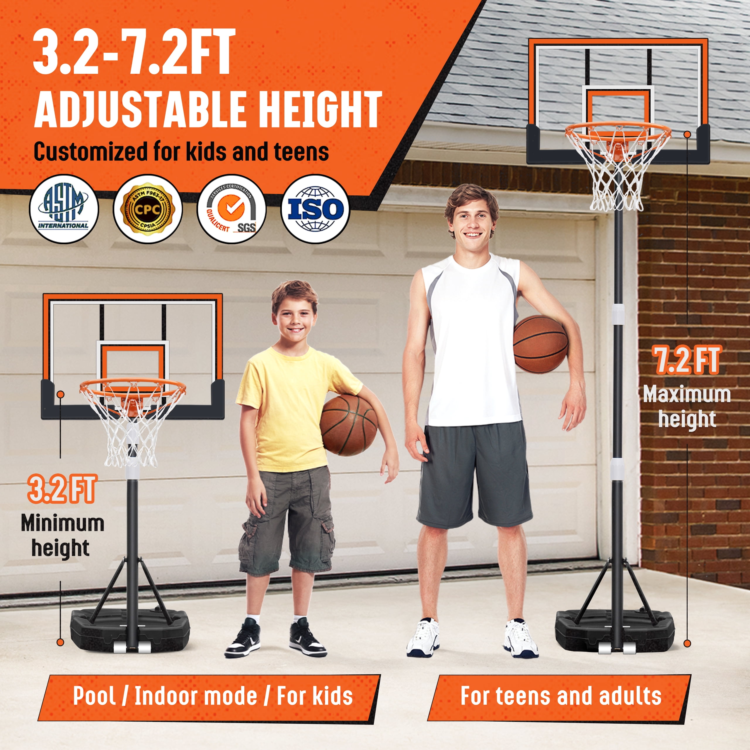 SERAY Adjustable Basketball Hoop for Kids, Teens & Adults, 3.2-7.2 feet Height, Portable Basketball Goal with 29 inch Backboard & 2 Wheels for Indoor & Outdoor Use