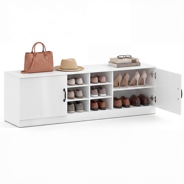Costway Banc à Chaussures à 2 Portes avec Tablettes Ajustables et 6 Compartiments, Espace de Rangement Caché Blanc