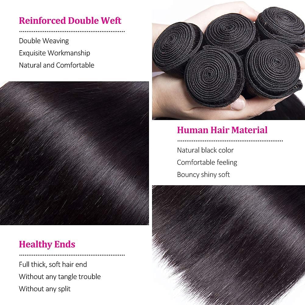 Remy Straight Human Hair 3 Bundles with 4x4 Lace Closure 100g Per Bundle Gross Weight Natural Black Color