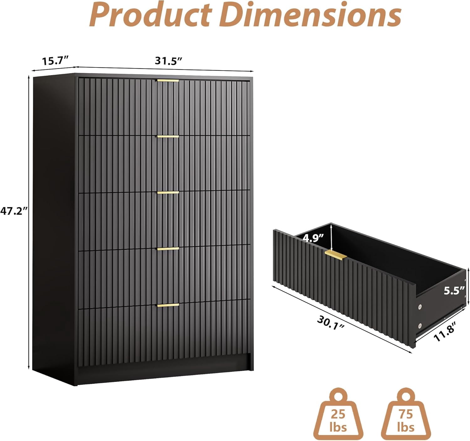 FURNIWAY Black 5 Drawer Dresser, 32 Inch Wide Chest with Gold Handles for Bedroom Living Room Office