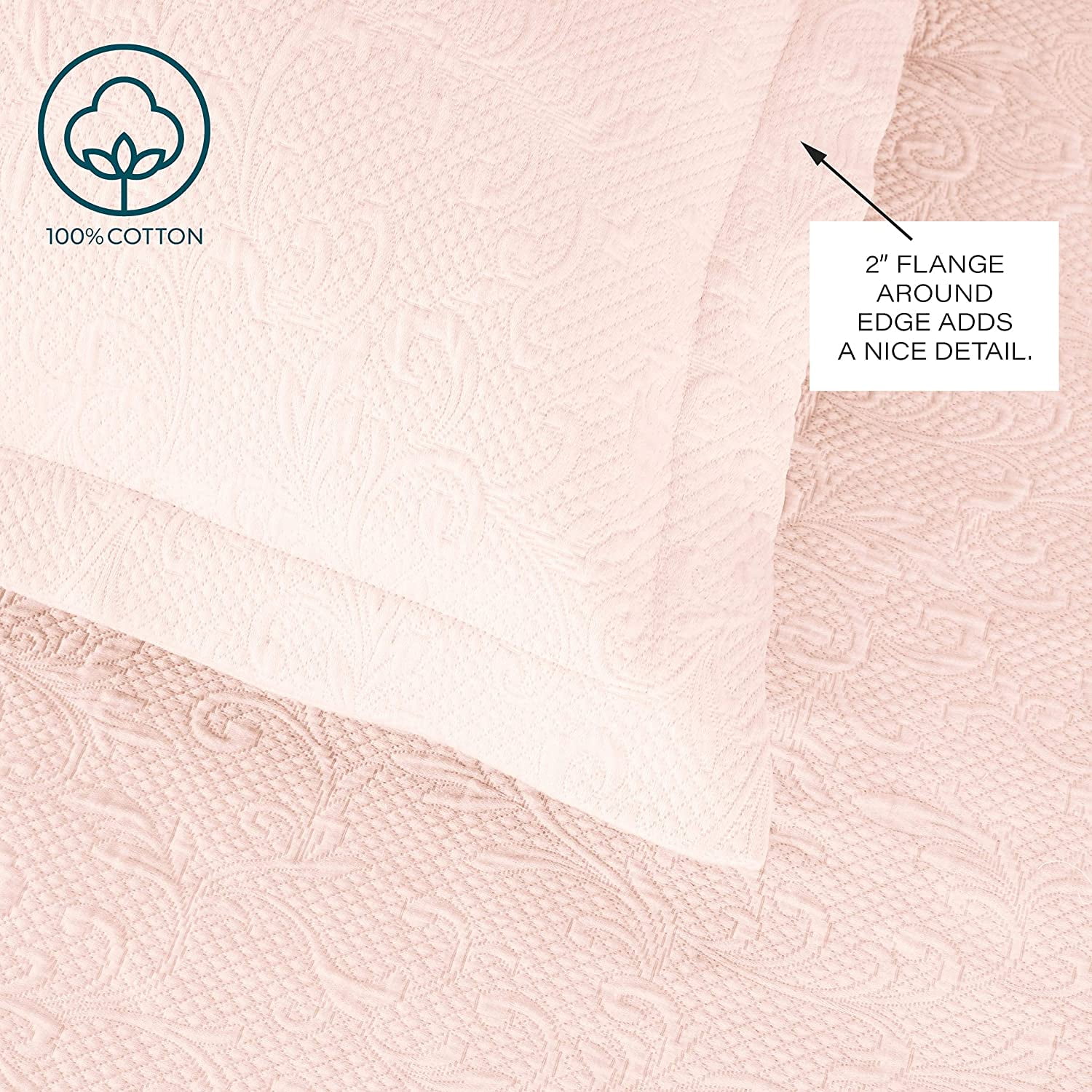 Royal Borough Luxuriously-Textured 100% Cotton Matelasse 3 Piece. Solid Color Coverlet Set with Shams (Blush, King)