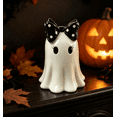 thumbnail image 5 of Halloween Ghost Figurine with Polka Dot Bow, Cute Spooky Ghost Statue Halloween Ornament, Tabletop Shelf Mantel Home Party Decoration, 5 of 5